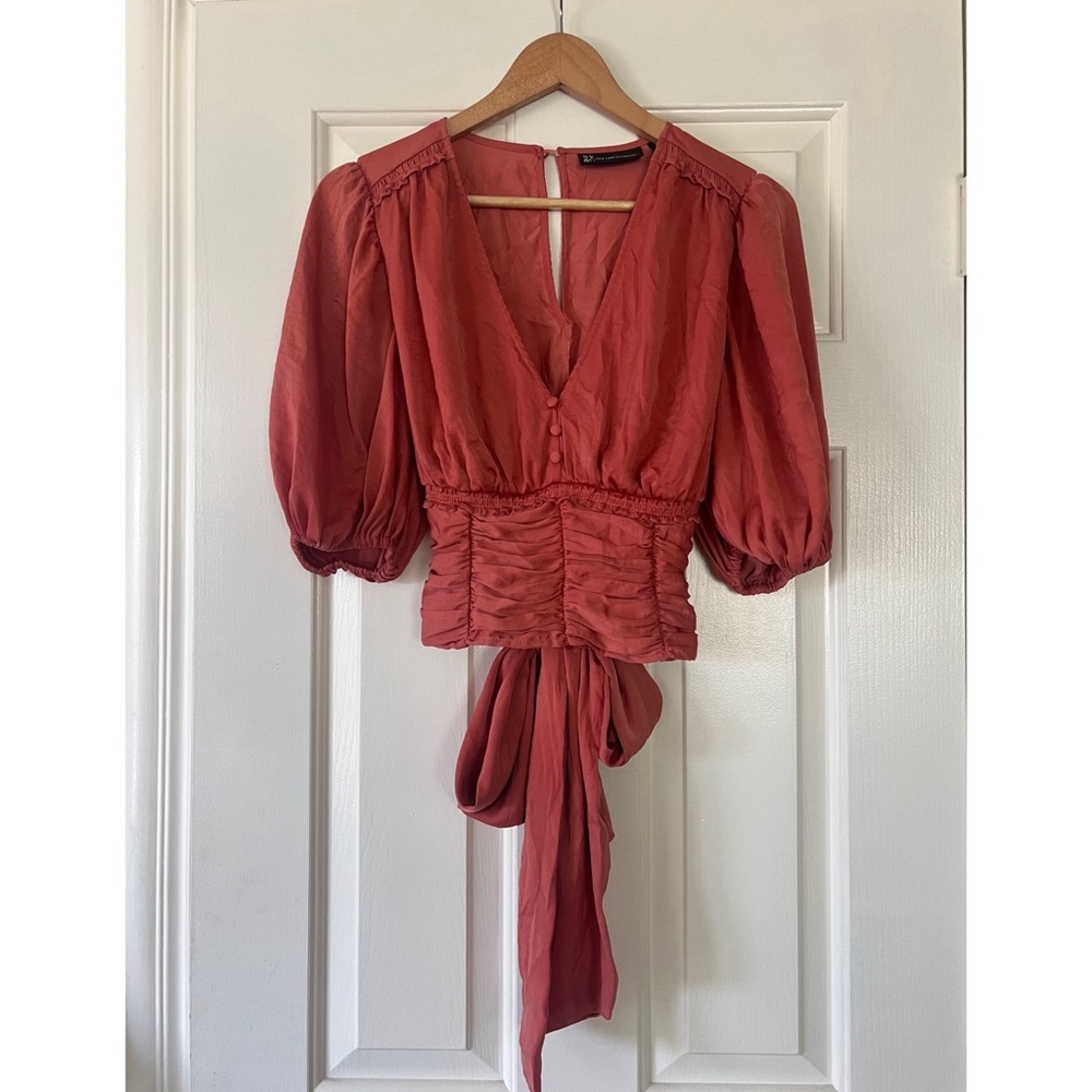 Puff Sleeve Boho Blouse Top w/Ruching & Tie Bow Size S